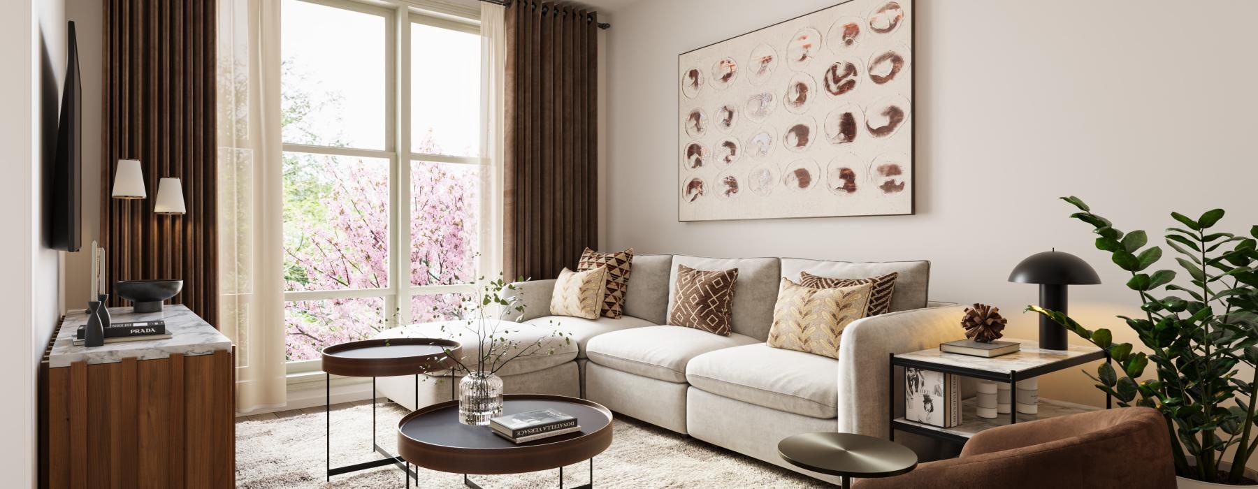 a living room with a couch and coffee table