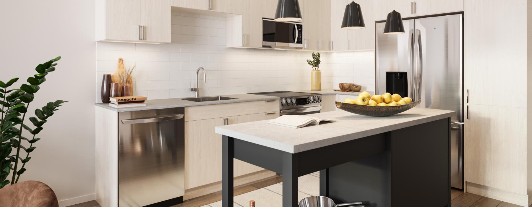 a kitchen with a table and a refrigerator